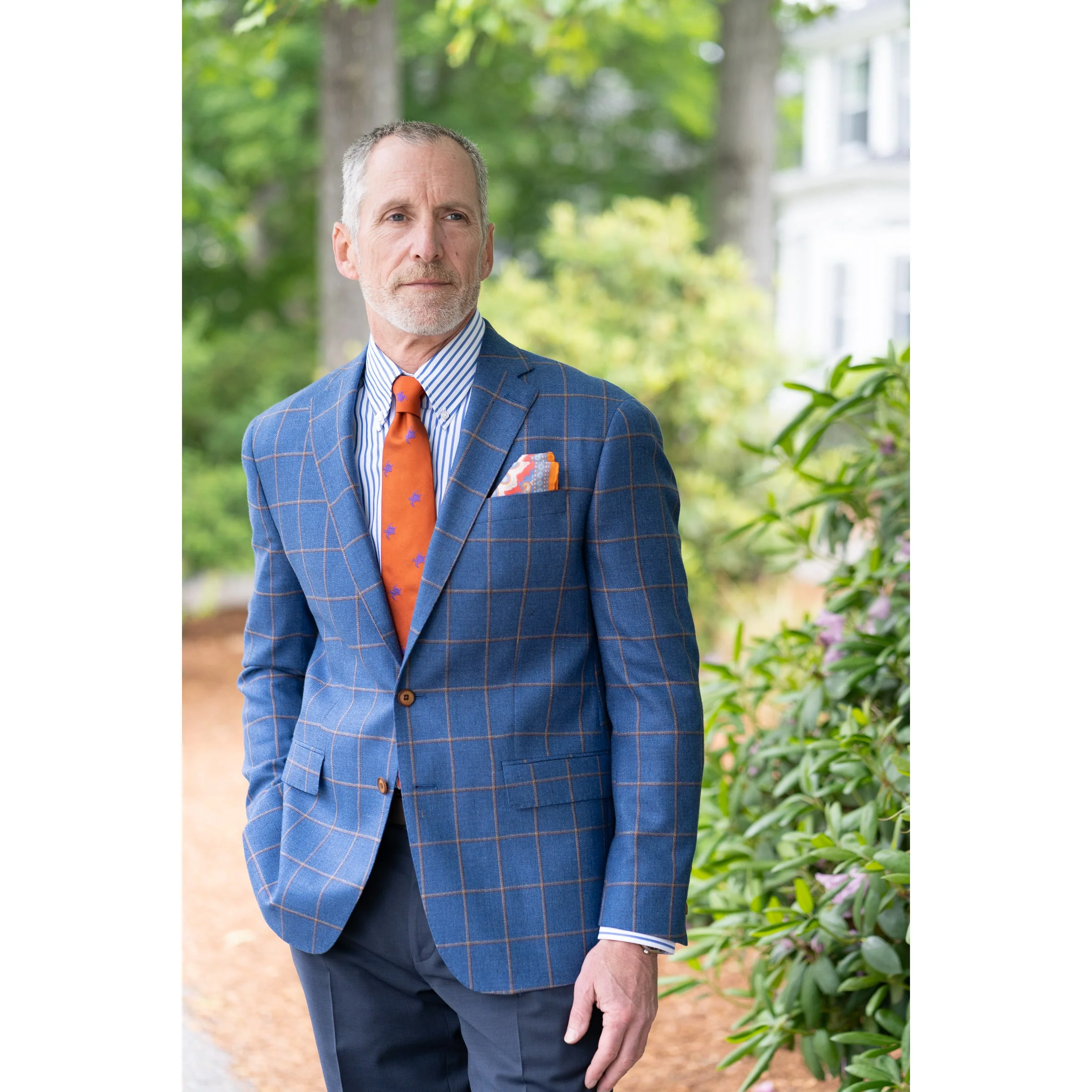 Blue with Tan Brown Windowpane Wool and Silk Lanificio di Pray Sport Coat - Image 2