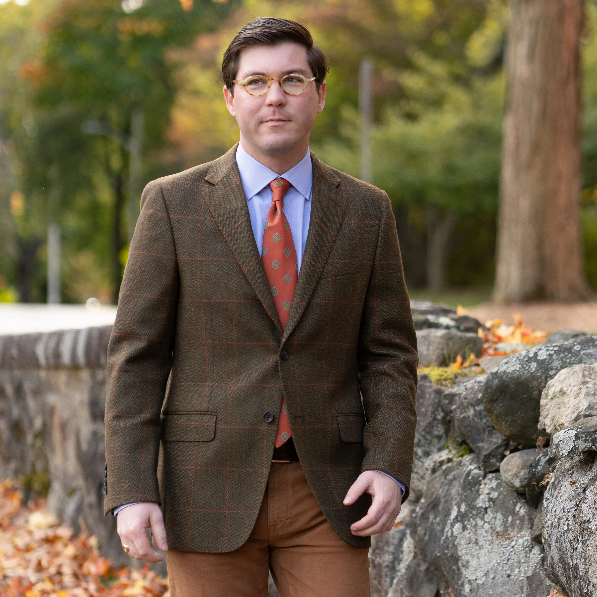 Brown Herringbone with Red and Orange Windowpane Wool Sport Coat - Image 2
