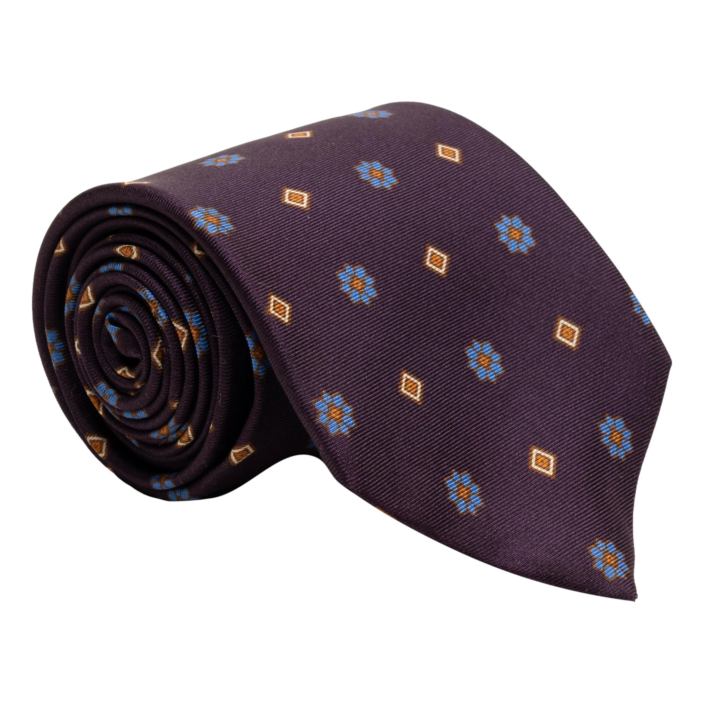Diamond and Flower Pattern Silk Print Tie - Image 4