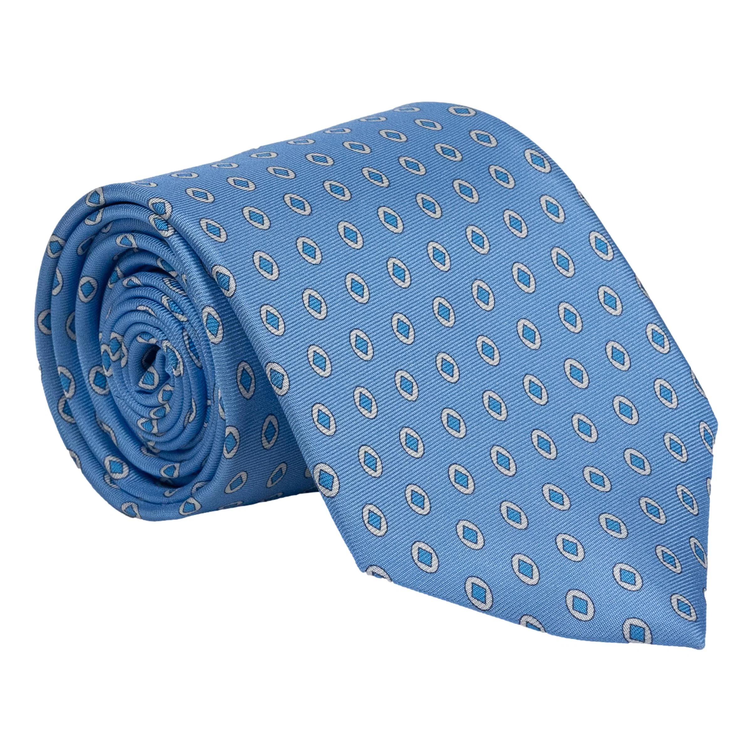 Light Blue Diamond with White Oval Pattern Silk Tie - Image 2
