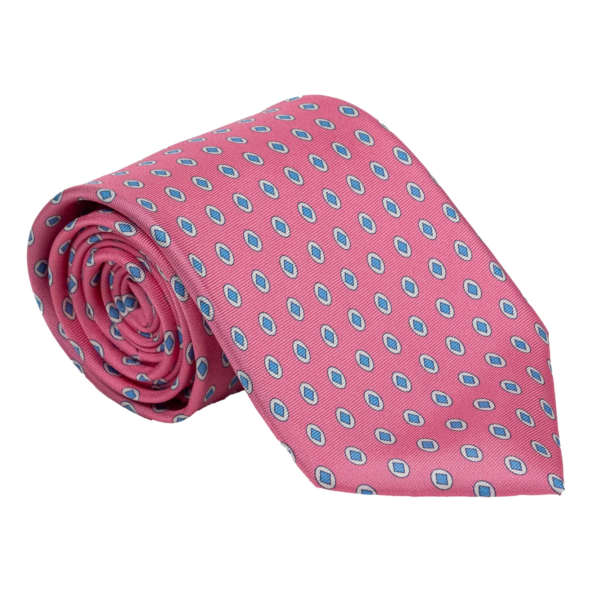 Light Blue Diamond with White Oval Pattern Silk Tie - Image 3