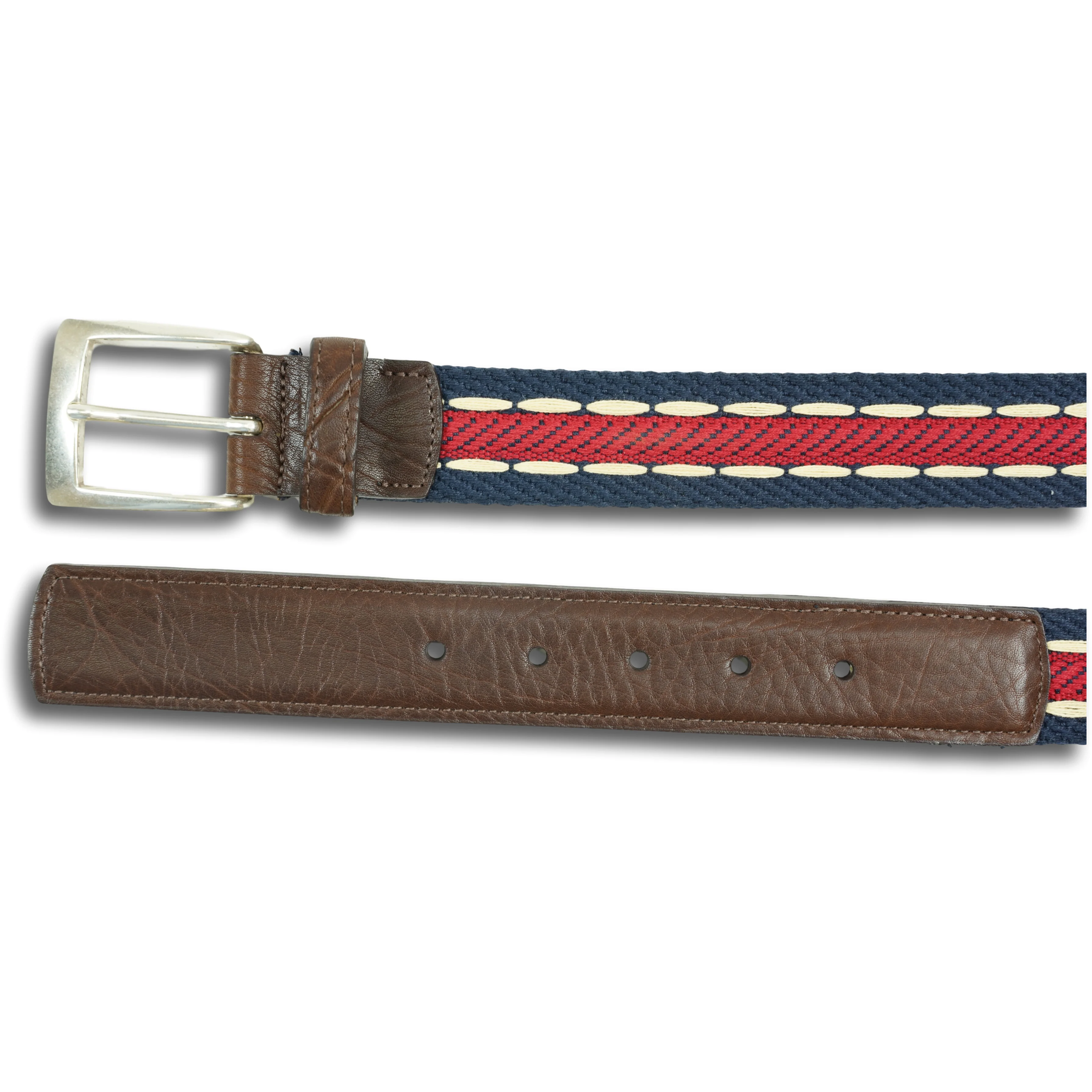 Navy, Red, and White Woven and Stitched Leather Tab Belt - Image 2