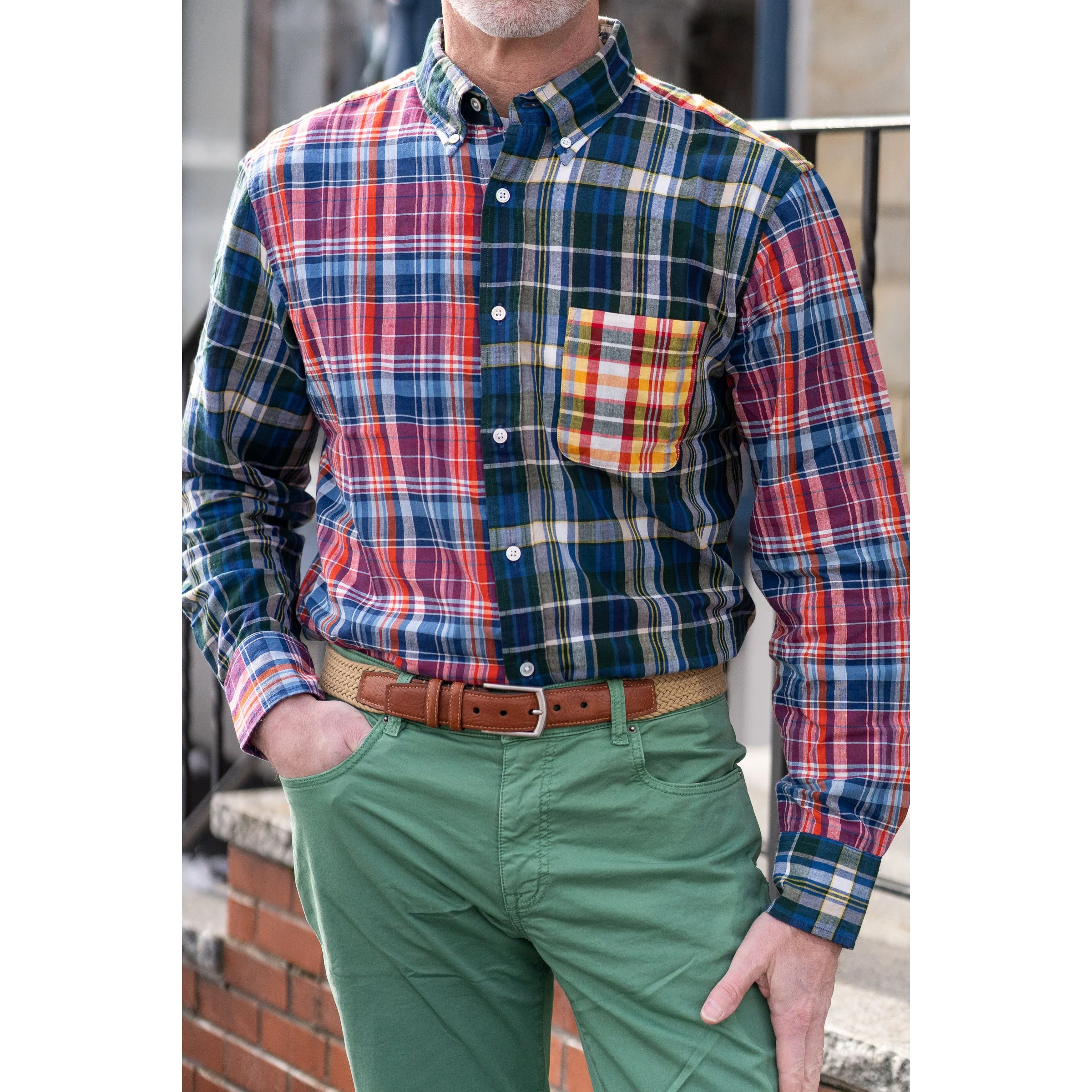 Patchwork Plaid Button Down Madras Sport Shirt - Image 2