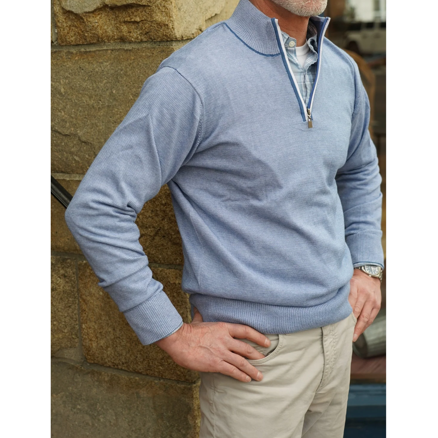Pima Cotton Fine Stripe 1/4 Zip Sweater - Image 4
